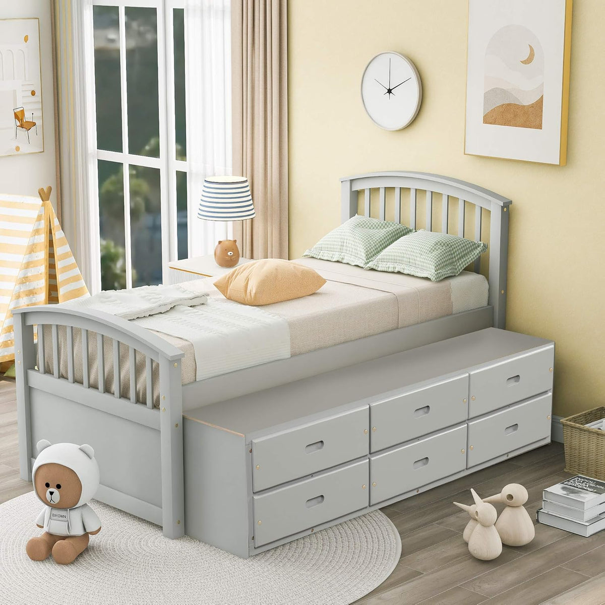 Gray Solid Wood Twin Size Platform Storage Bed with 6 Drawers G741