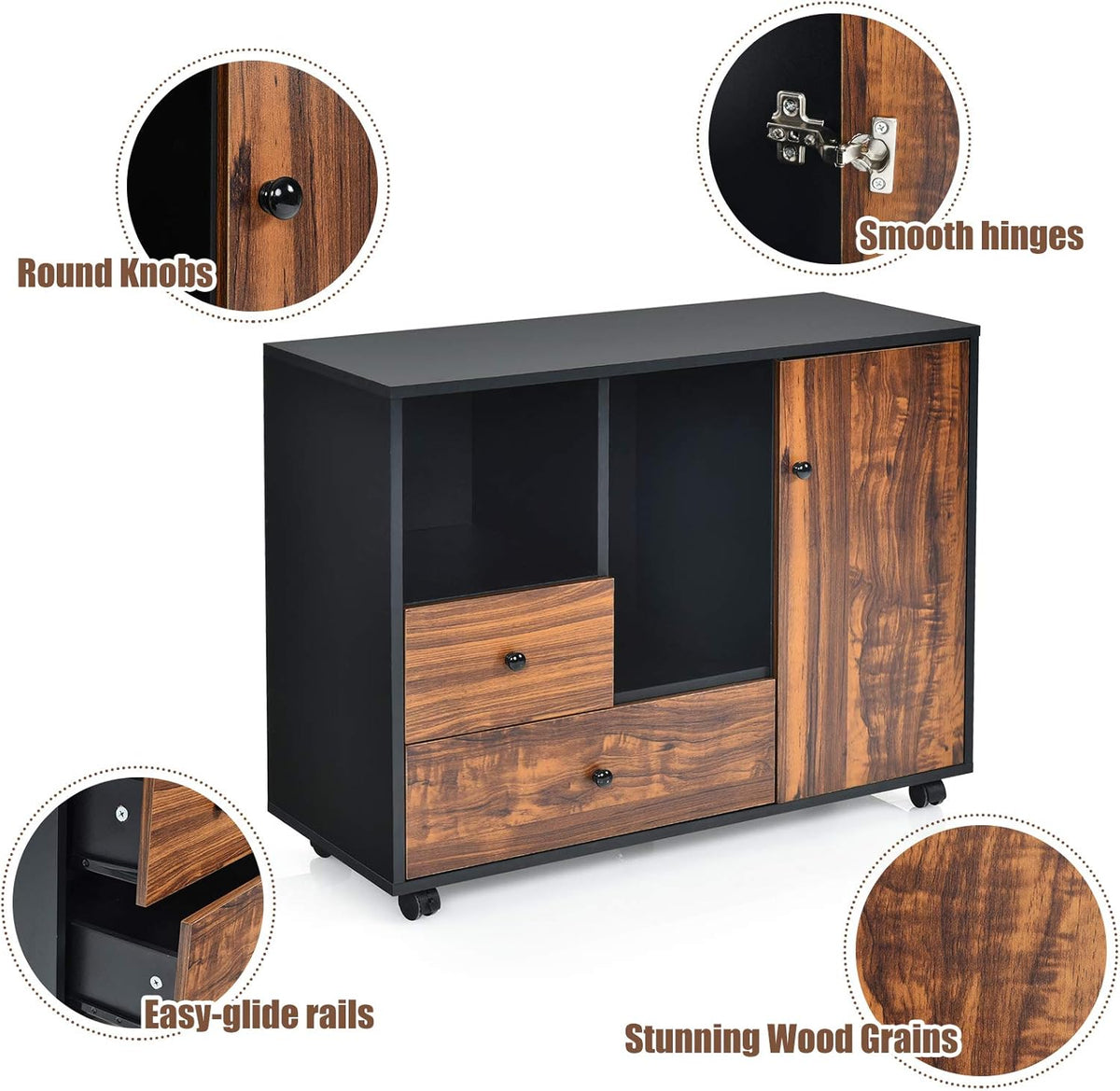 Black Brown 2 Drawer Wood Mobile Filing Cabinet B196119