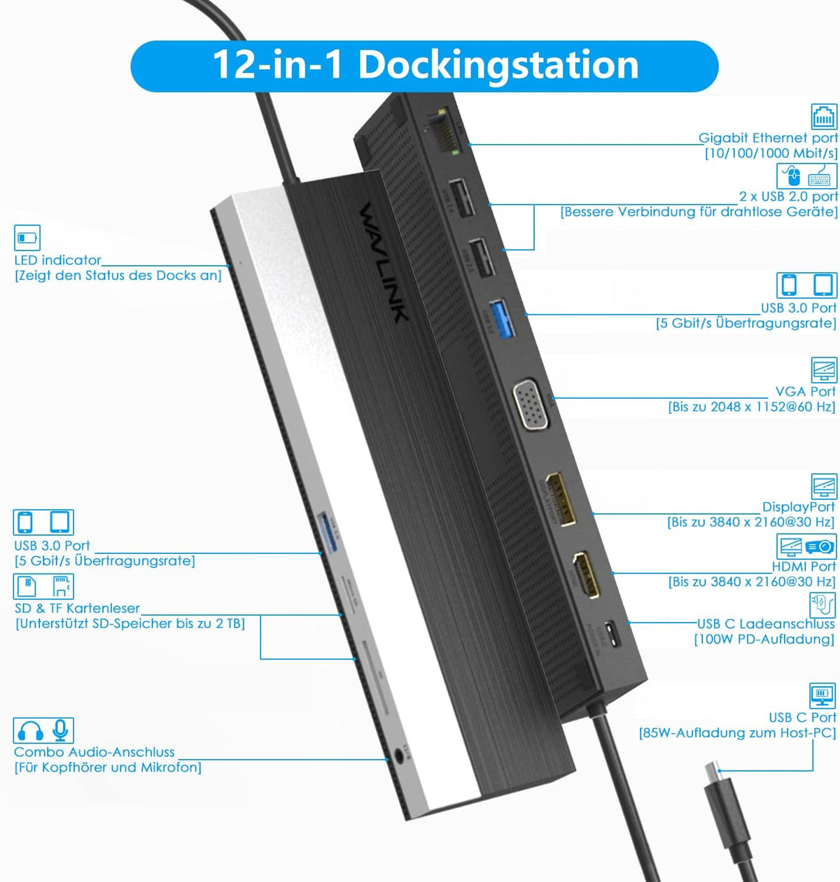 USB C Docking Station with DP HDMI VGA SD TF Card Reader Gigabit Ethernet 4 USB Ports C954