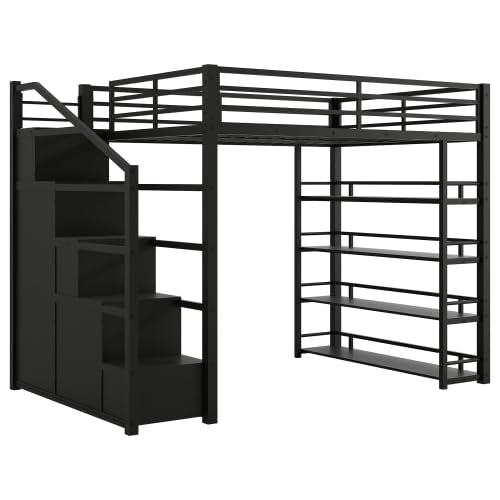 Full Size Metal Loft Bed with Wardrobe and L-Shaped Desk I751474