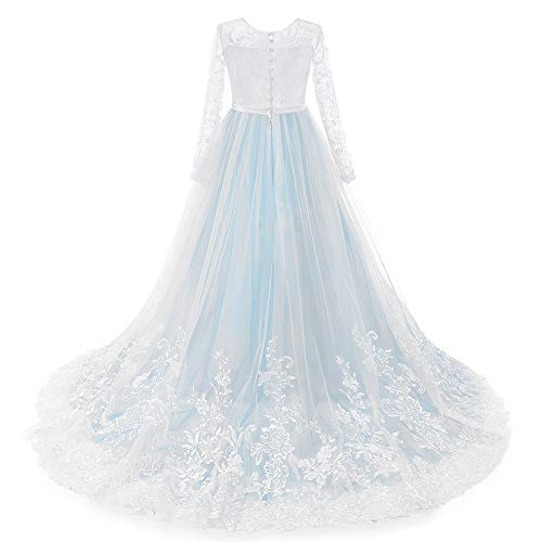 Girls Long Sleeve Lace Flower Wedding Bridesmaid Party Dresses Floor Length Tulle Ball Gown P6930
