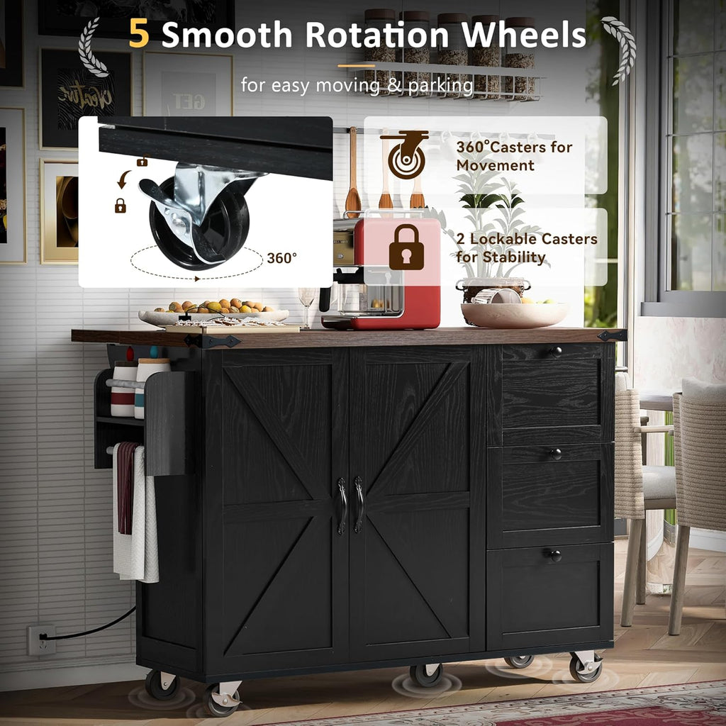 Black Kitchen Island with Power Outlet and Drop Leaf K101