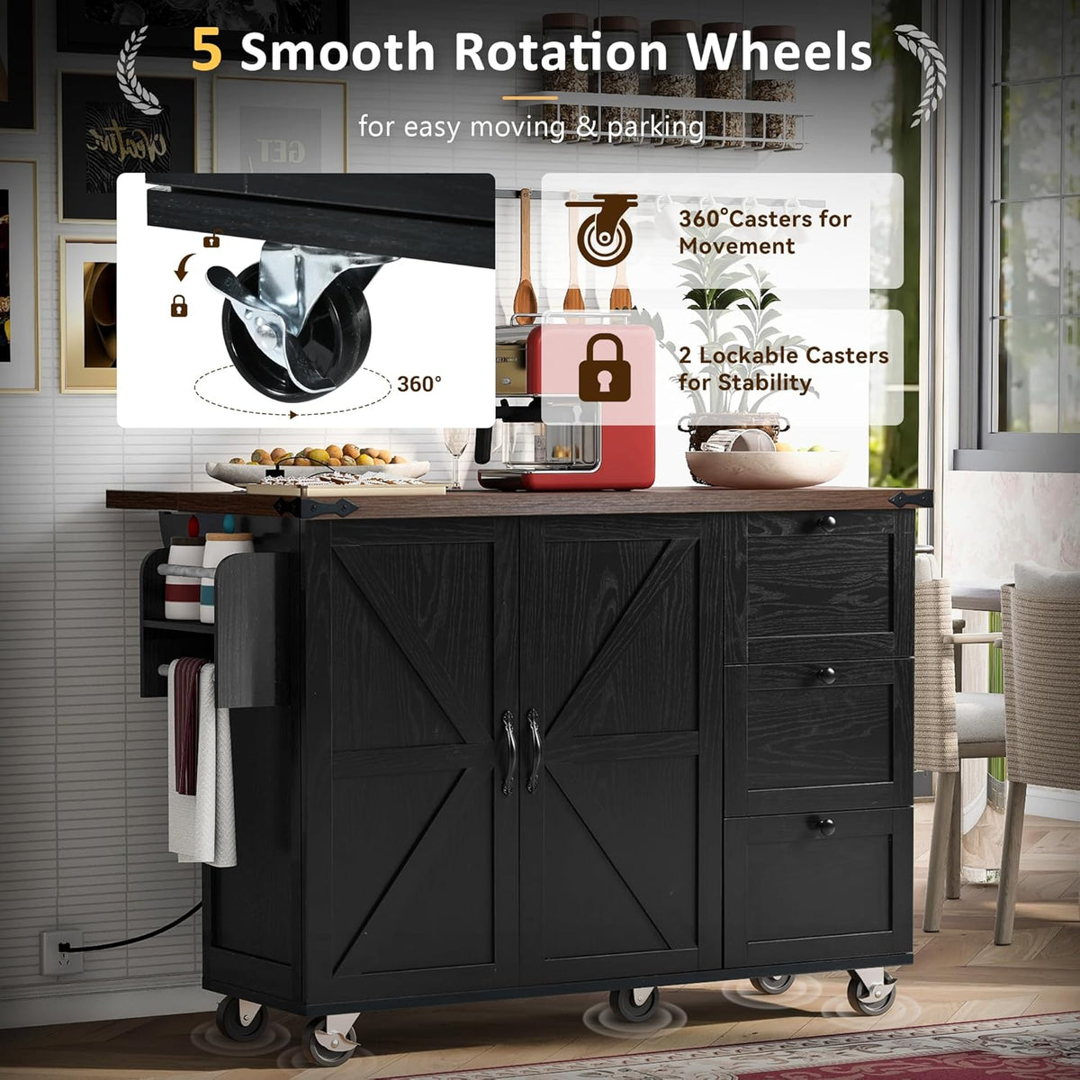 Black Kitchen Island with Power Outlet and Drop Leaf K101
