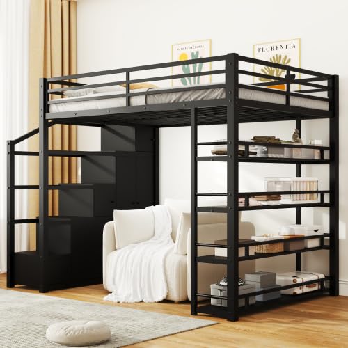 Full Size Metal Loft Bed with Wardrobe and L-Shaped Desk I751474
