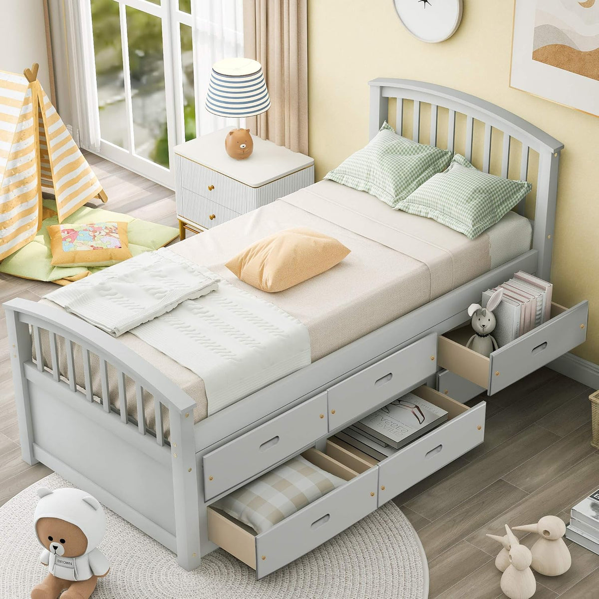 Gray Solid Wood Twin Size Platform Storage Bed with 6 Drawers G741