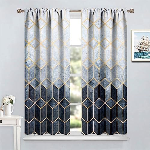 Navy Blue Gold Geometric Marble Curtains 2 Panel Sets, 42x45 Inch E741340