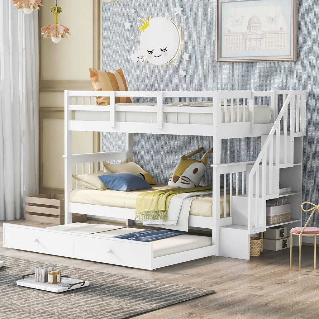 Espresso Twin Over Twin Wood Bunk Bed with Trundle and Storage I13340