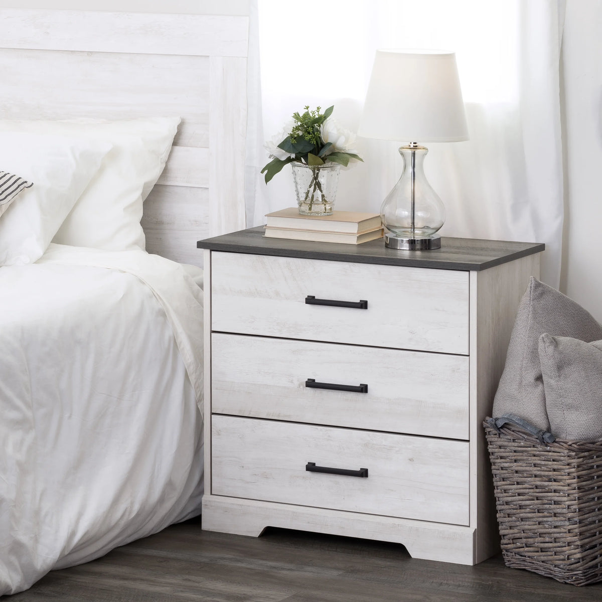 3 Drawer Washed White Wood Nightstand J6401