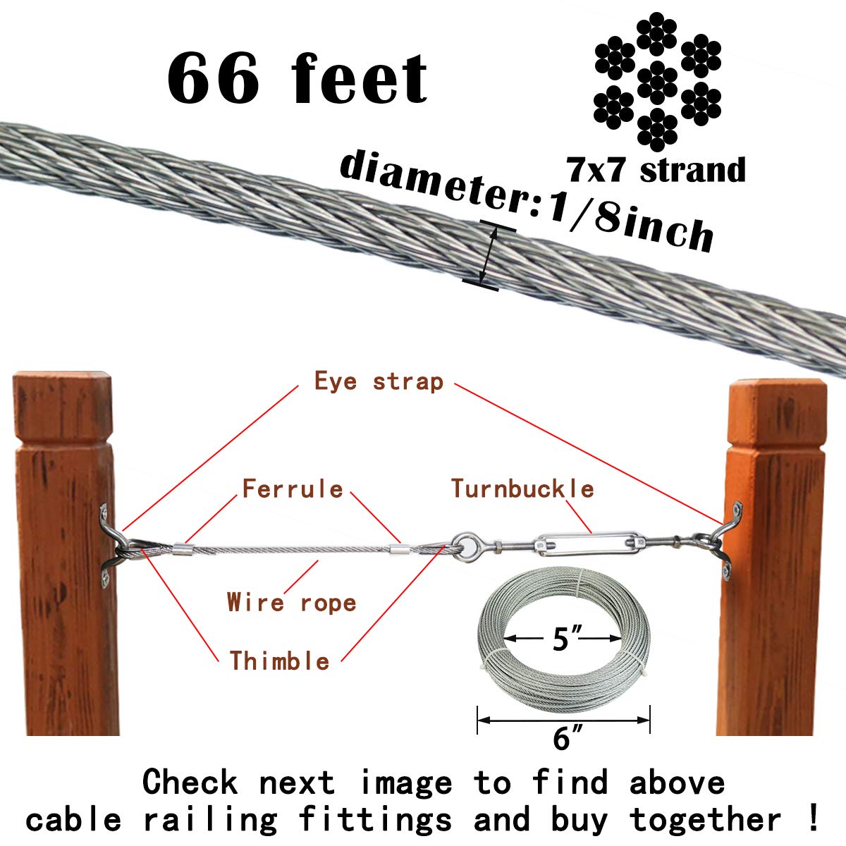 Galvanized Steel Wire Rope 65Feet 1/8 7x7 Strand Z494264
