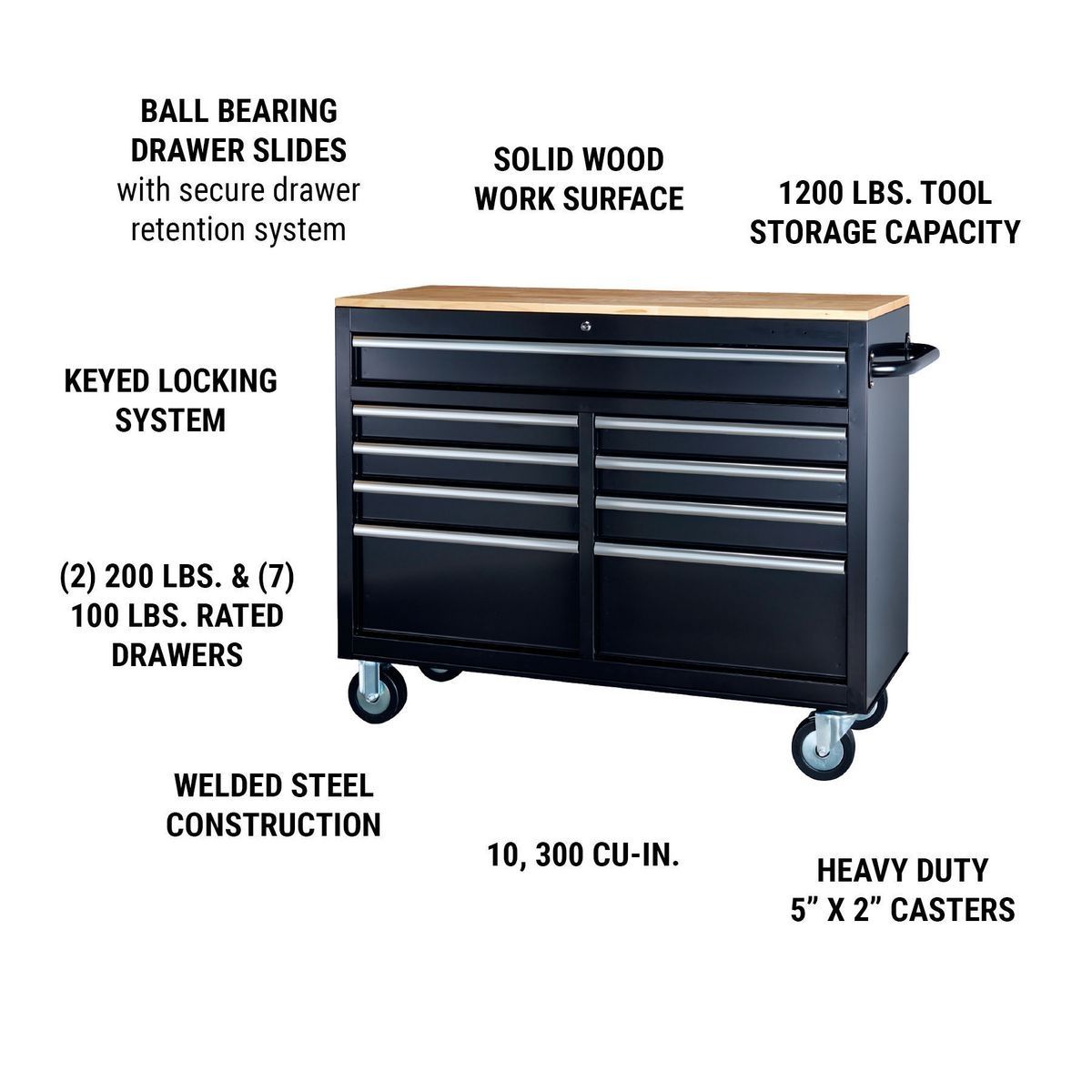 Black 9-Drawer Mobile Storage Cabinet with Solid Wood Top N5716