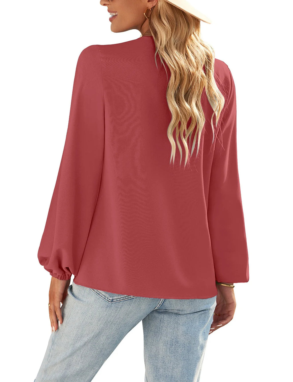 Cranberry Long Balloon Sleeve V Neck Blouses Q97803