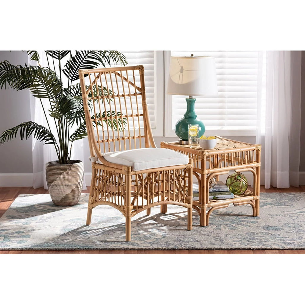 White Fabric Upholstered Natural Brown Rattan Dining Chair X933738
