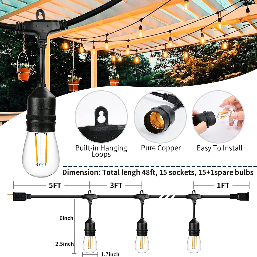 2 Pack 48FT LED Outdoor String Lights with 2W Dimmable Edison Shatterproof Plastic Bulbs Weatherproof Strand J826