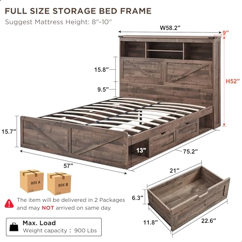 Queen Size Wood Bed Frame with Storage Bookcase Headboard 4 Drawers Z294