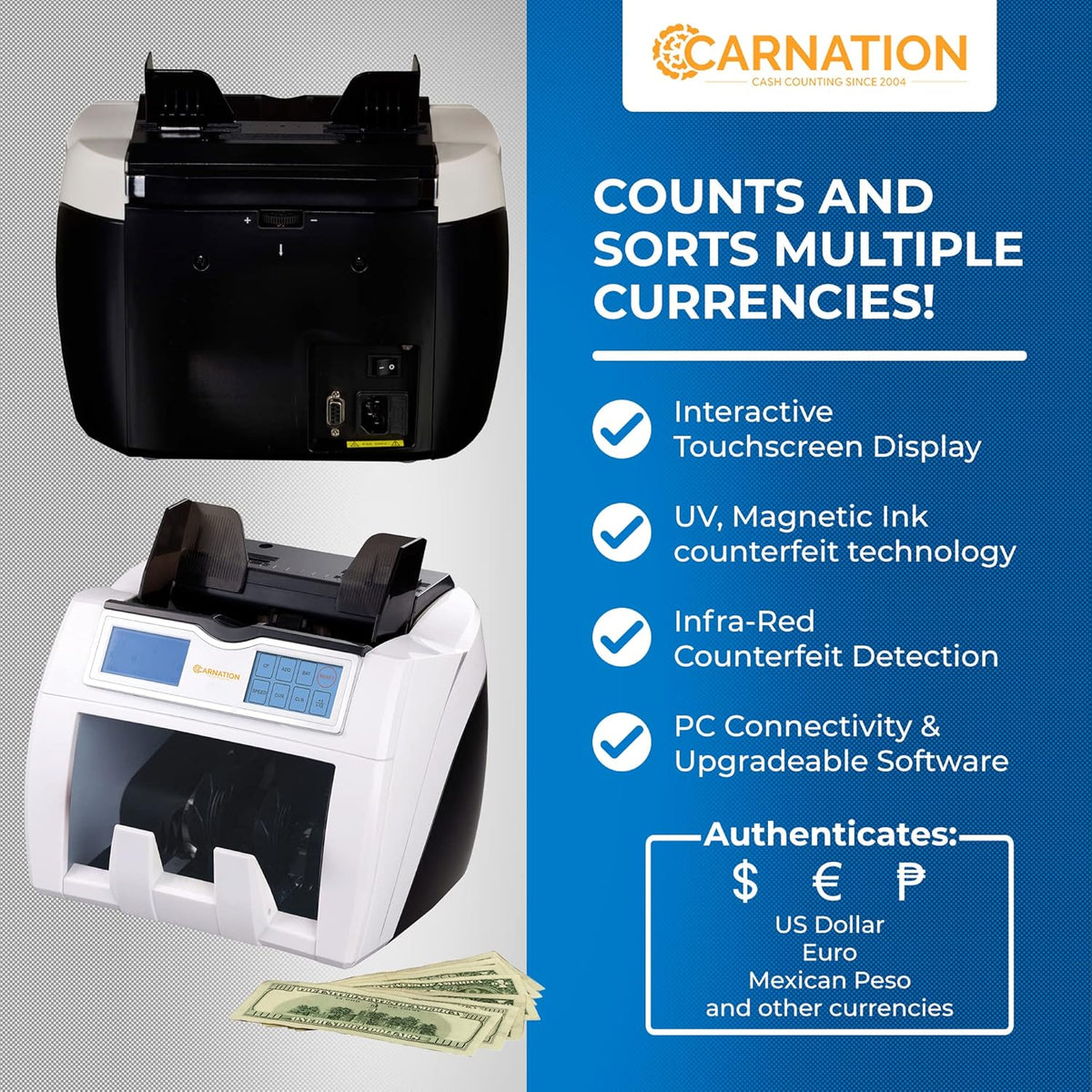 Money Counter with Counterfeit Bill Detection, Touchscreen, Multi-Currency Checker V763156