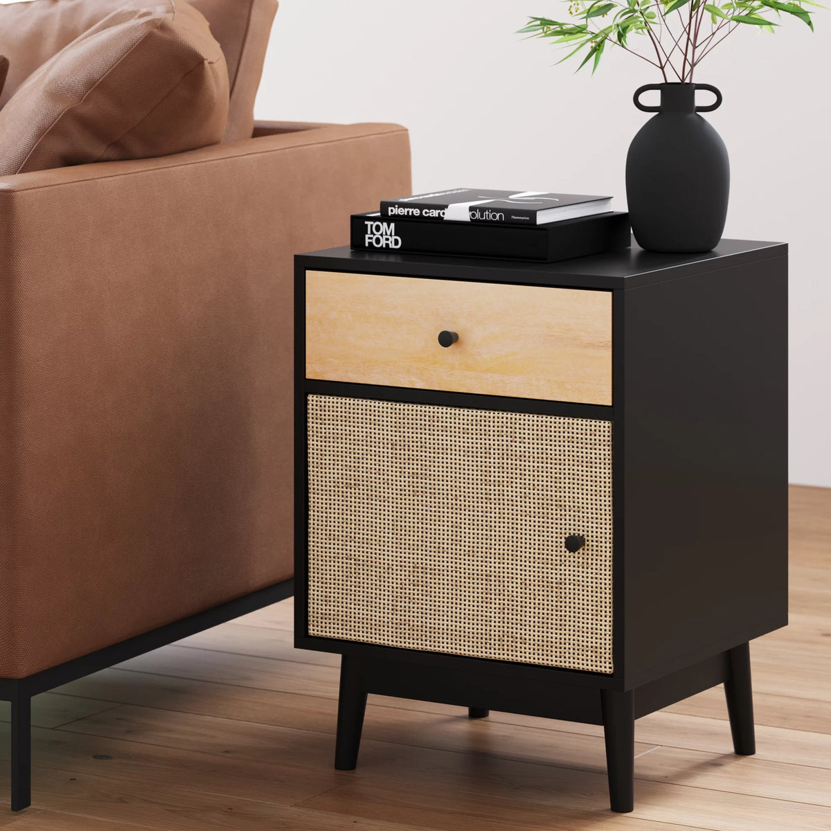 Bedside Table with Mango Wood Drawer and Rattan Cane Cabinet Door Y537345