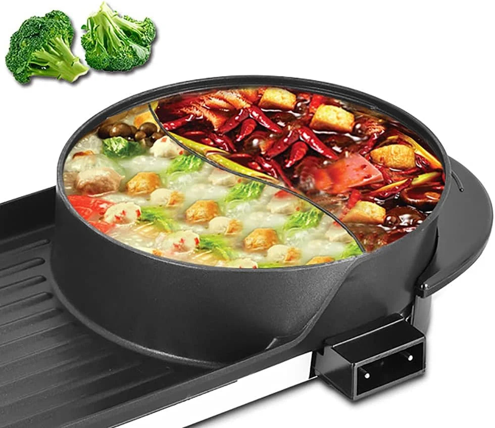 2 in 1 Electric Hot Pot Grill Non-Stick Smokeless Barbecue Pan 1100W P600