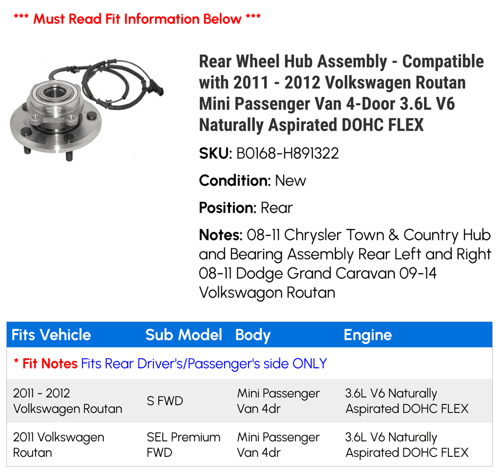 Rear Wheel Hub Assembly for 2011-2012 Volkswagen Routan 3.6L V6 L356