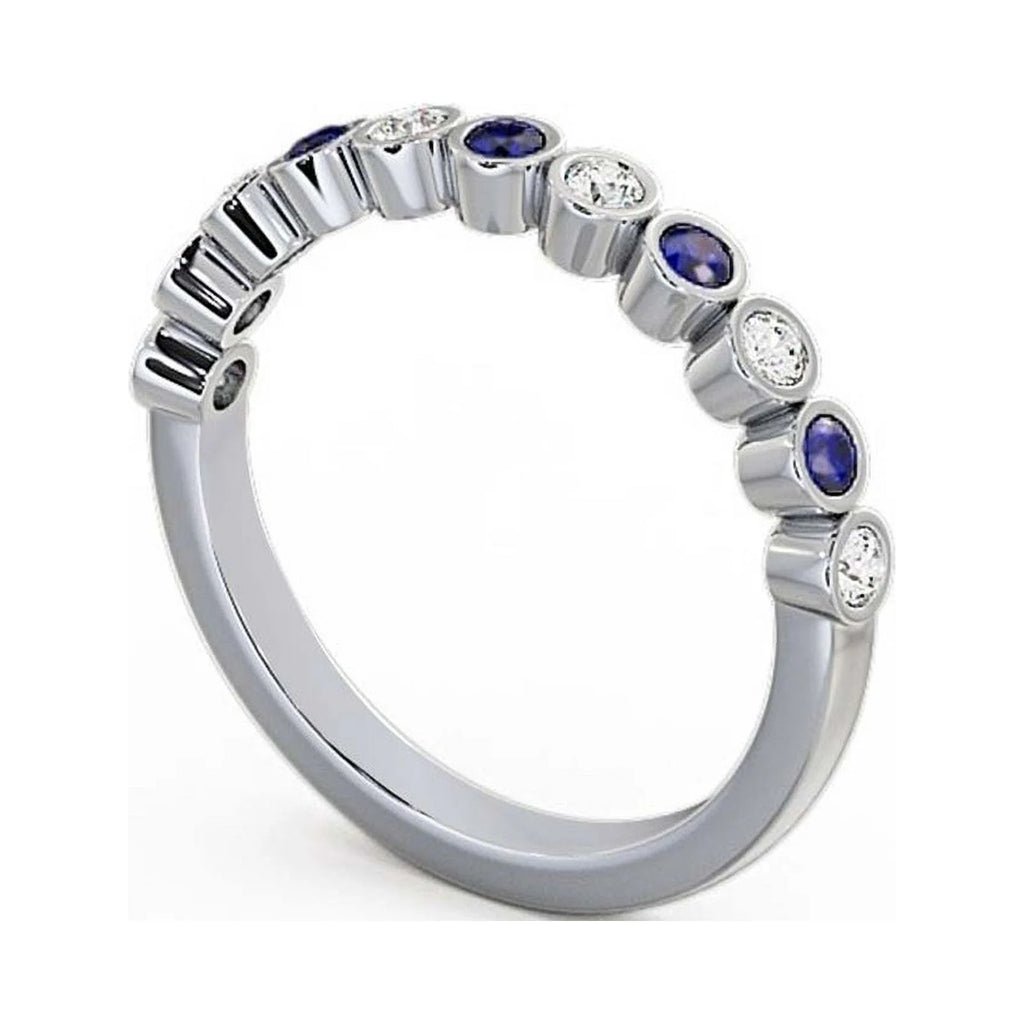 14K White Gold Eternity Band with Round Cut Diamond and Blue Sapphire B636351