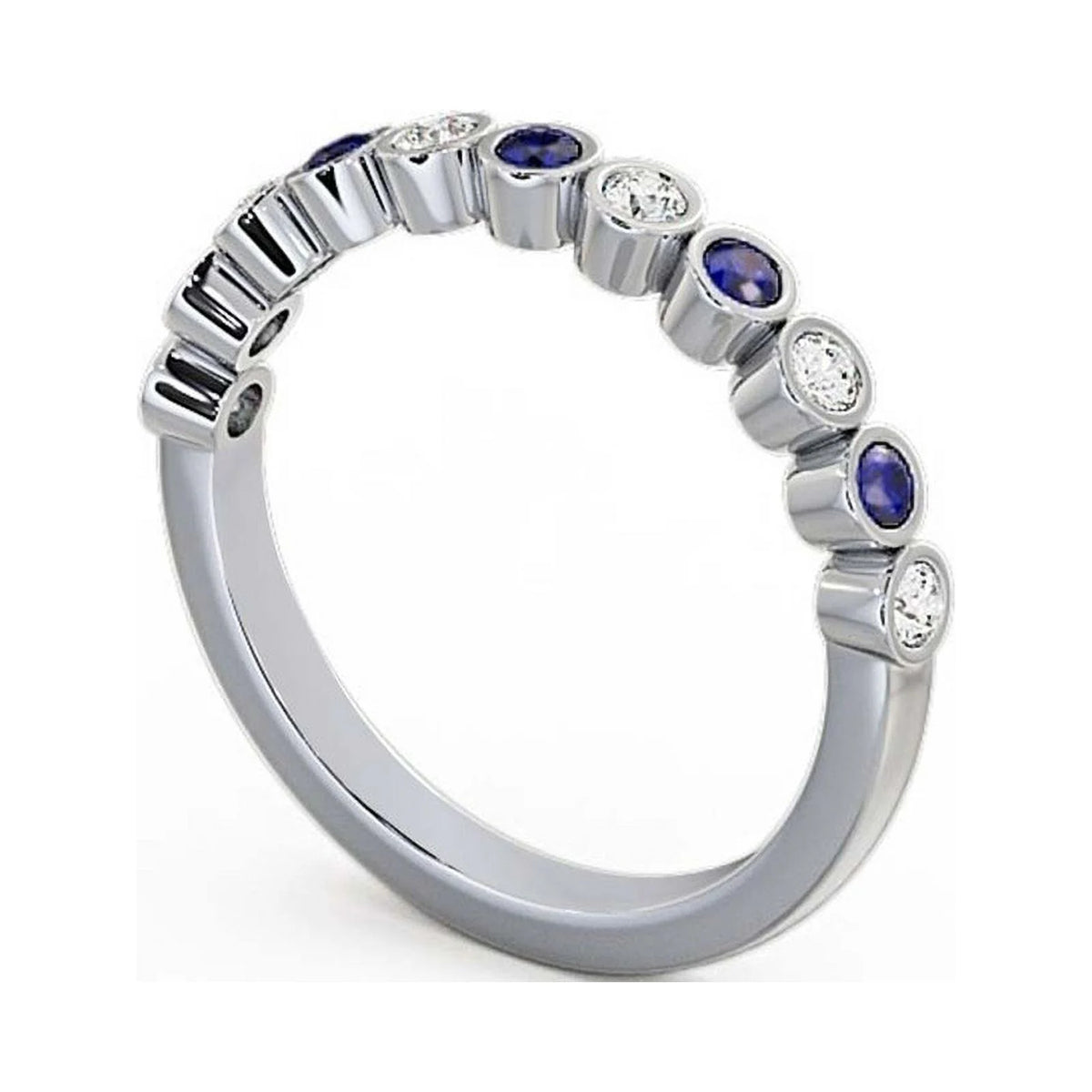 14K White Gold Eternity Band with Round Cut Diamond and Blue Sapphire B636351