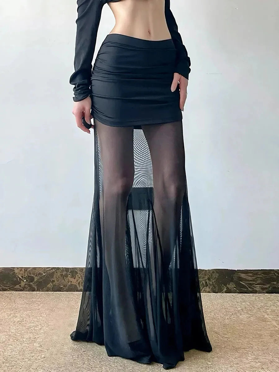 Dark Mesh See through Midi Skirt O911