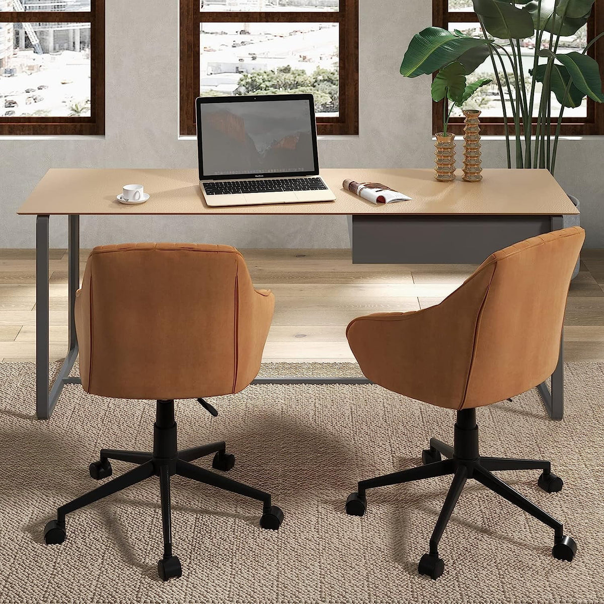 Brown Leather Office Chair with Wheels and Armrests T605