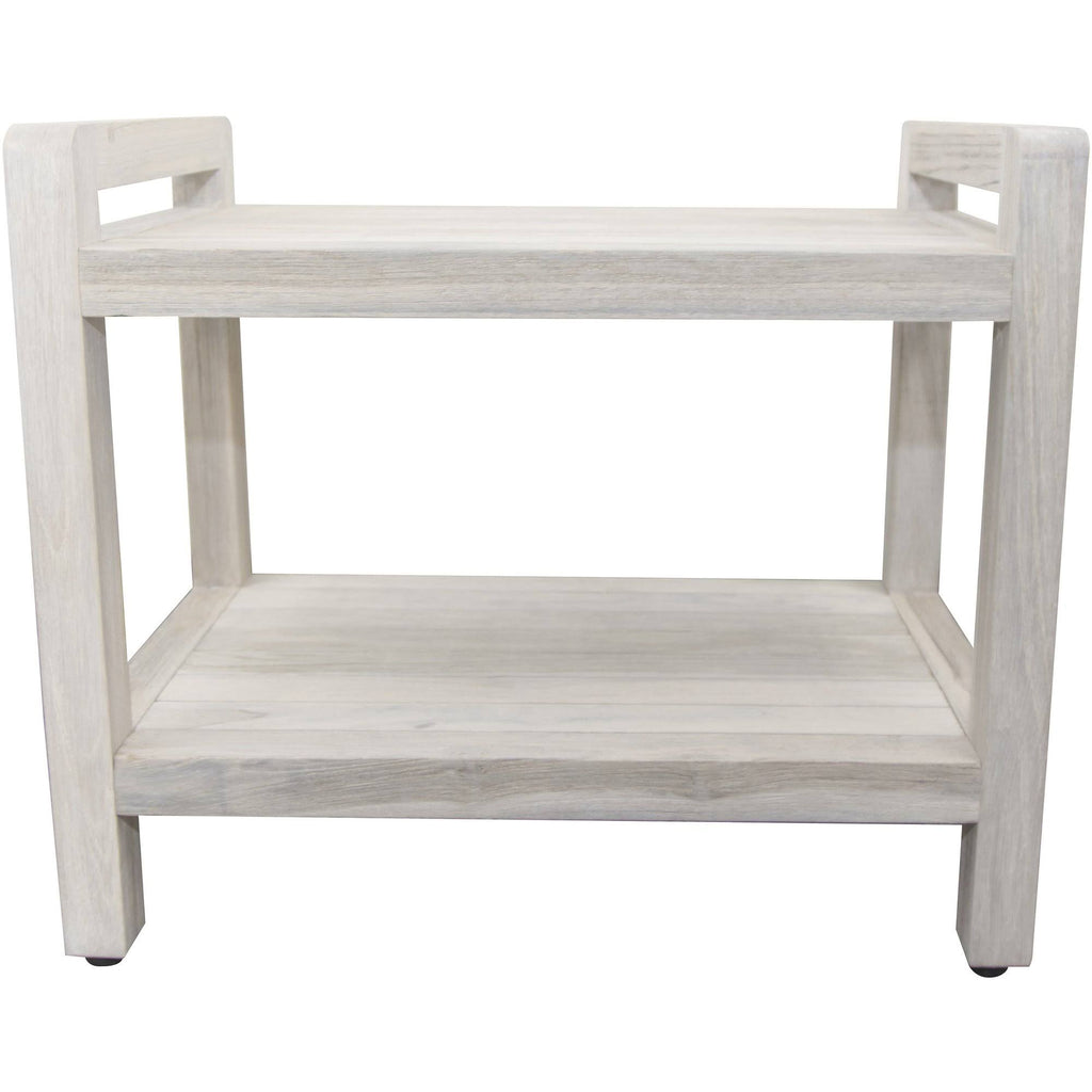 White Finish Teak Shower Bench with Shelf and Handles X226699