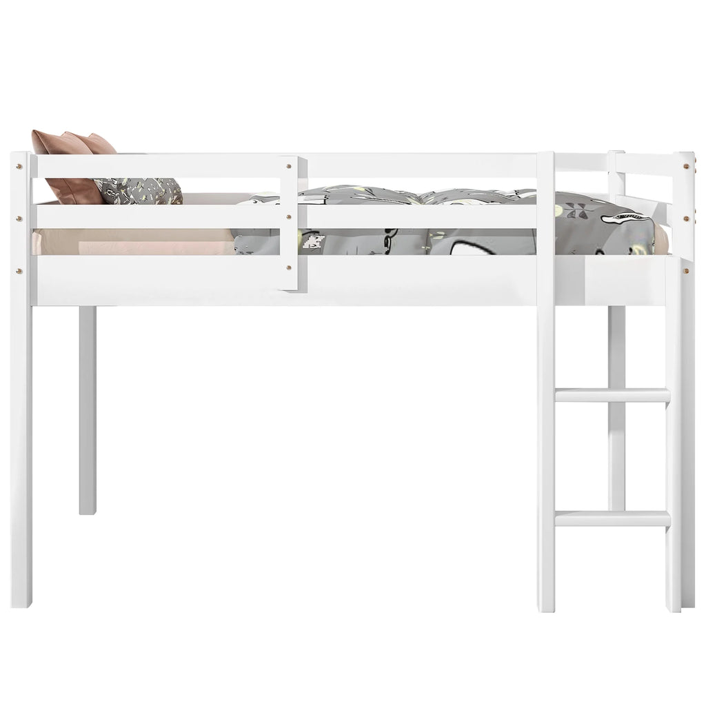 White Twin Size Solid Wood Loft Bed with 14 Wooden Slats S9433