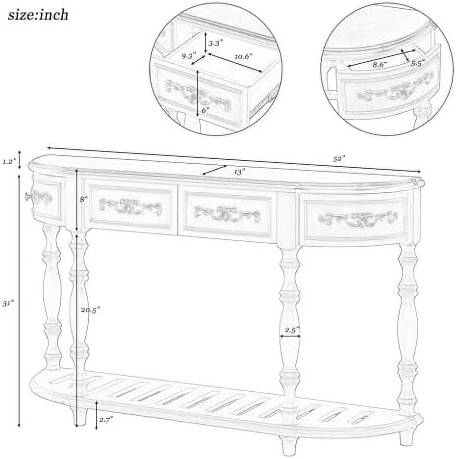 Espresso Solid Wood Half-Moon Console Table with 3 Drawers and Shelf E994