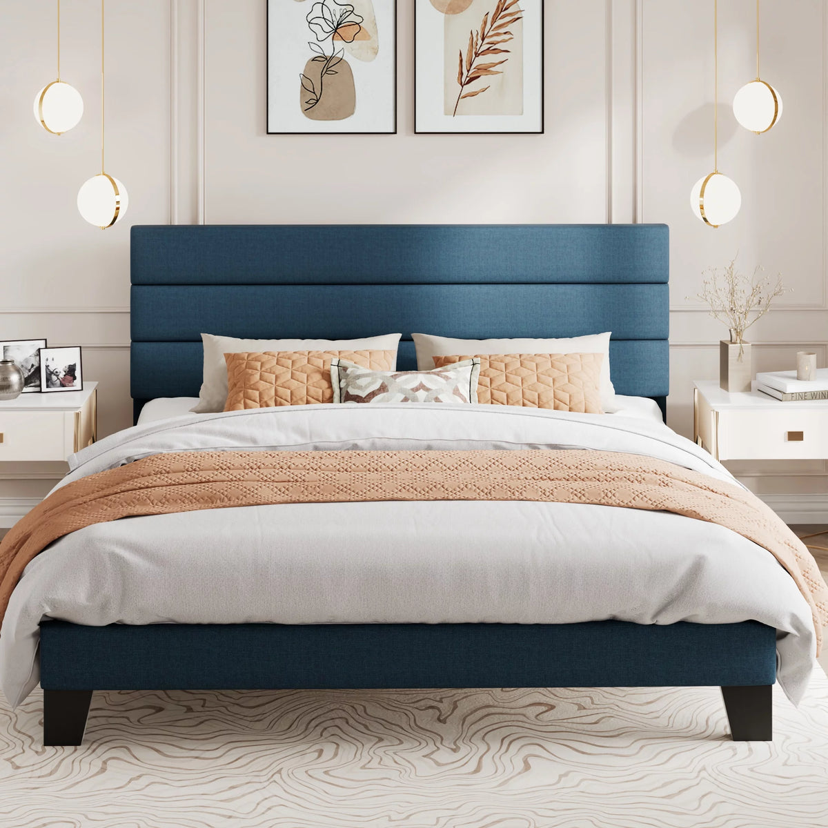 King Size Navy Blue Fabric Upholstered Platform Bed Frame with Headboard N34435
