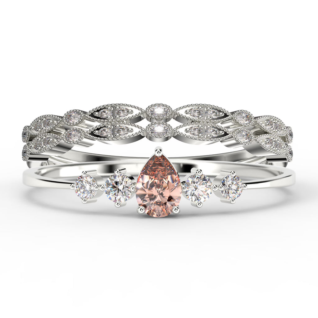 2.05 Carat Pear Cut Morganite And Diamond Moissanite Engagement Ring in 925 Sterling Silver With 18k White Gold Plating A211