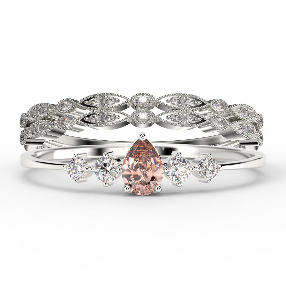 2.05 Carat Pear Cut Morganite And Diamond Moissanite Engagement Ring in 925 Sterling Silver With 18k White Gold Plating A211