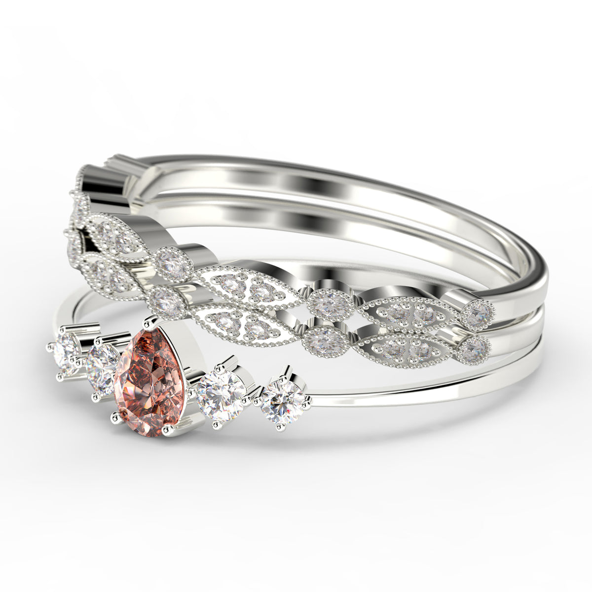 2.05 Carat Pear Cut Morganite And Diamond Moissanite Engagement Ring in 925 Sterling Silver With 18k White Gold Plating A211
