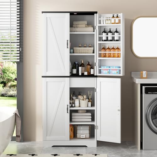 White Freestanding Kitchen Pantry Cabinet with 8 Door Shelves, 2 Cabinets and 1 Drawer Q5154