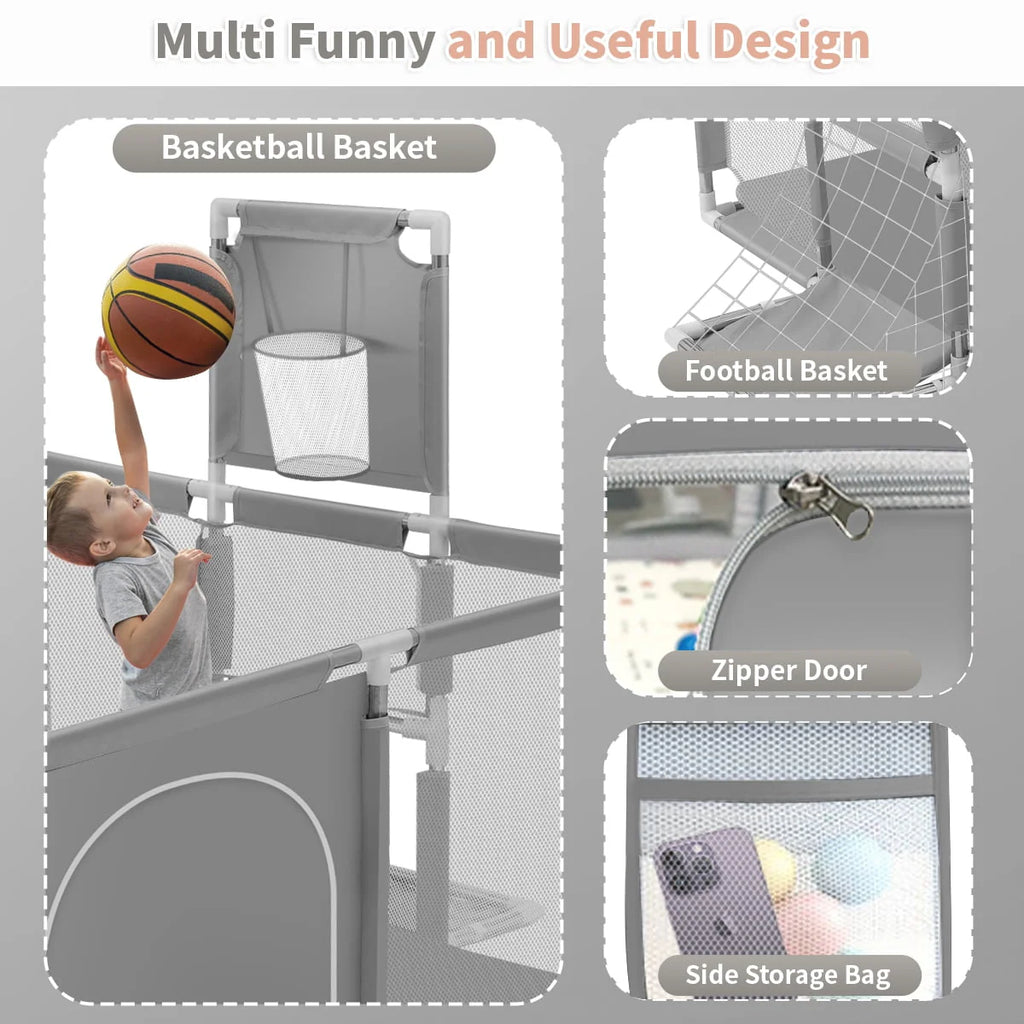 71 Inch Blue Baby Playpen with Basketball Hoop and Mesh R126