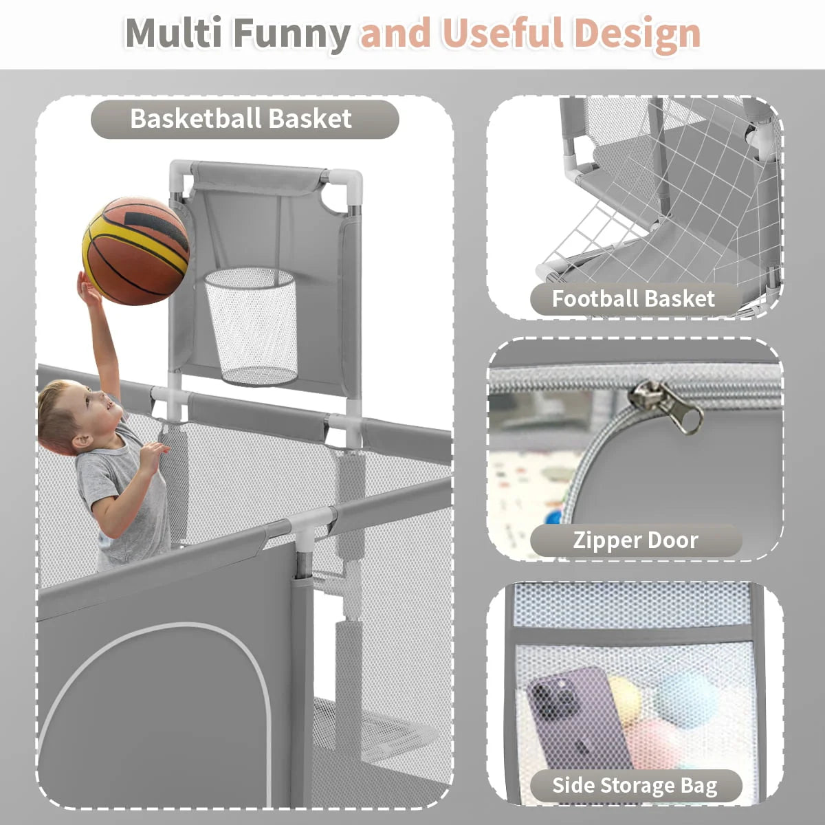 71 Inch Blue Baby Playpen with Basketball Hoop and Mesh R126