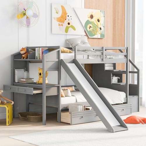 White Twin Over Full Solid Wood Bunk Bed with Stairs and Slide K84352