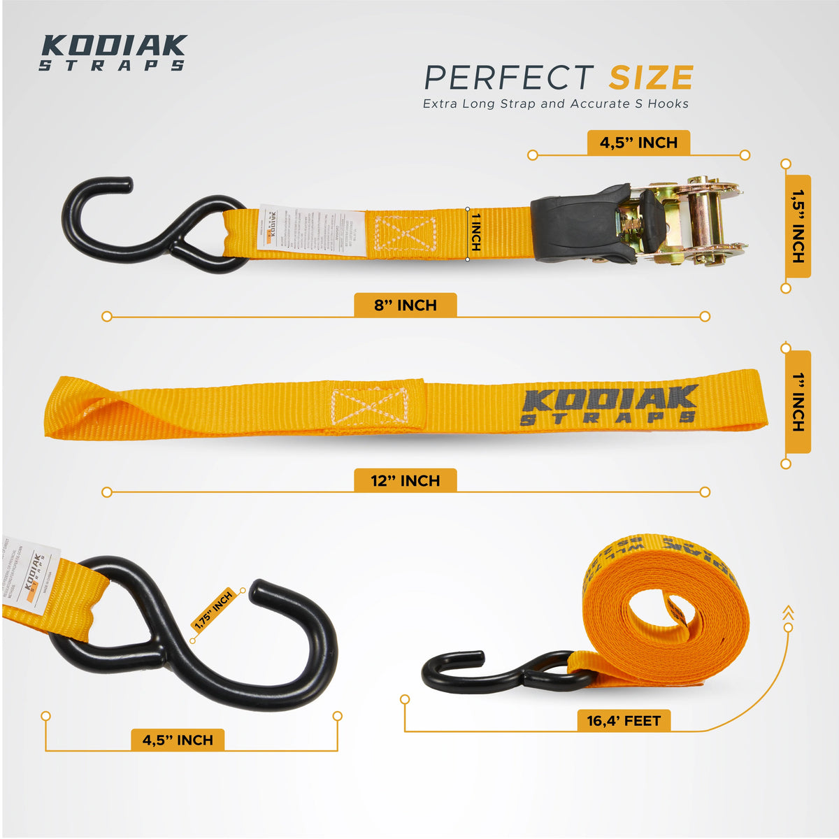 Ratchet Straps Heavy Duty Tie Down Strap Set 2200 Break Strength 1" x 17' 4pk with Soft Loops Coated Deep S-Hook & Carry Bag R9044