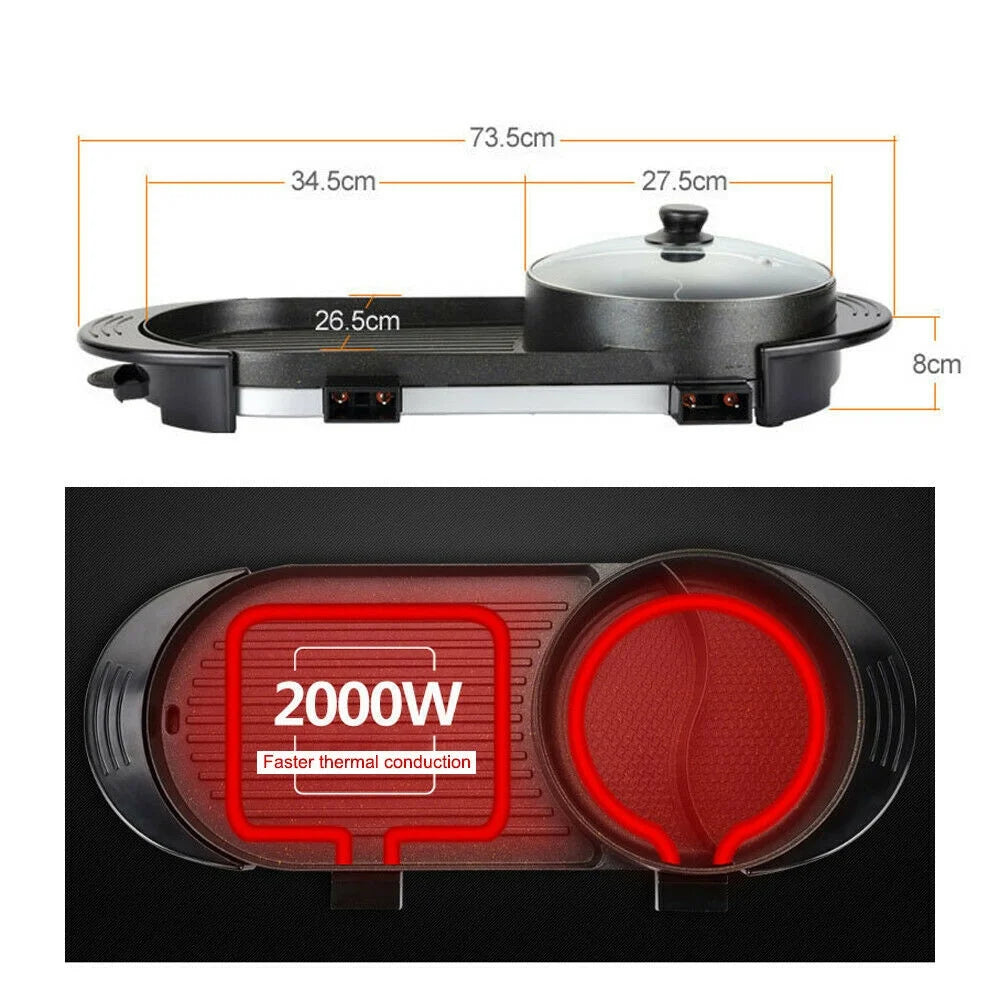 2 in 1 Electric Hot Pot Grill Non-Stick Smokeless Barbecue Pan 1100W P600