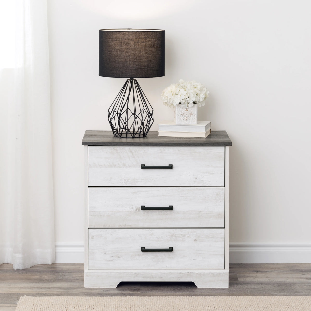 3 Drawer Washed White Wood Nightstand J6401