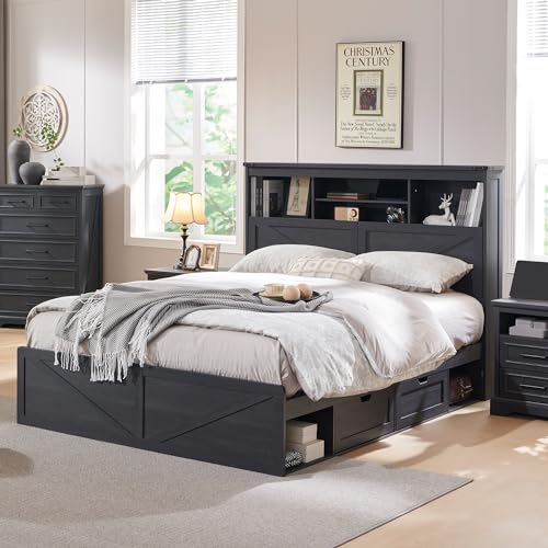 Queen Size Wood Bed Frame with Storage Bookcase Headboard 4 Drawers Z294