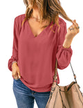 Cranberry Long Balloon Sleeve V Neck Blouses Q97803