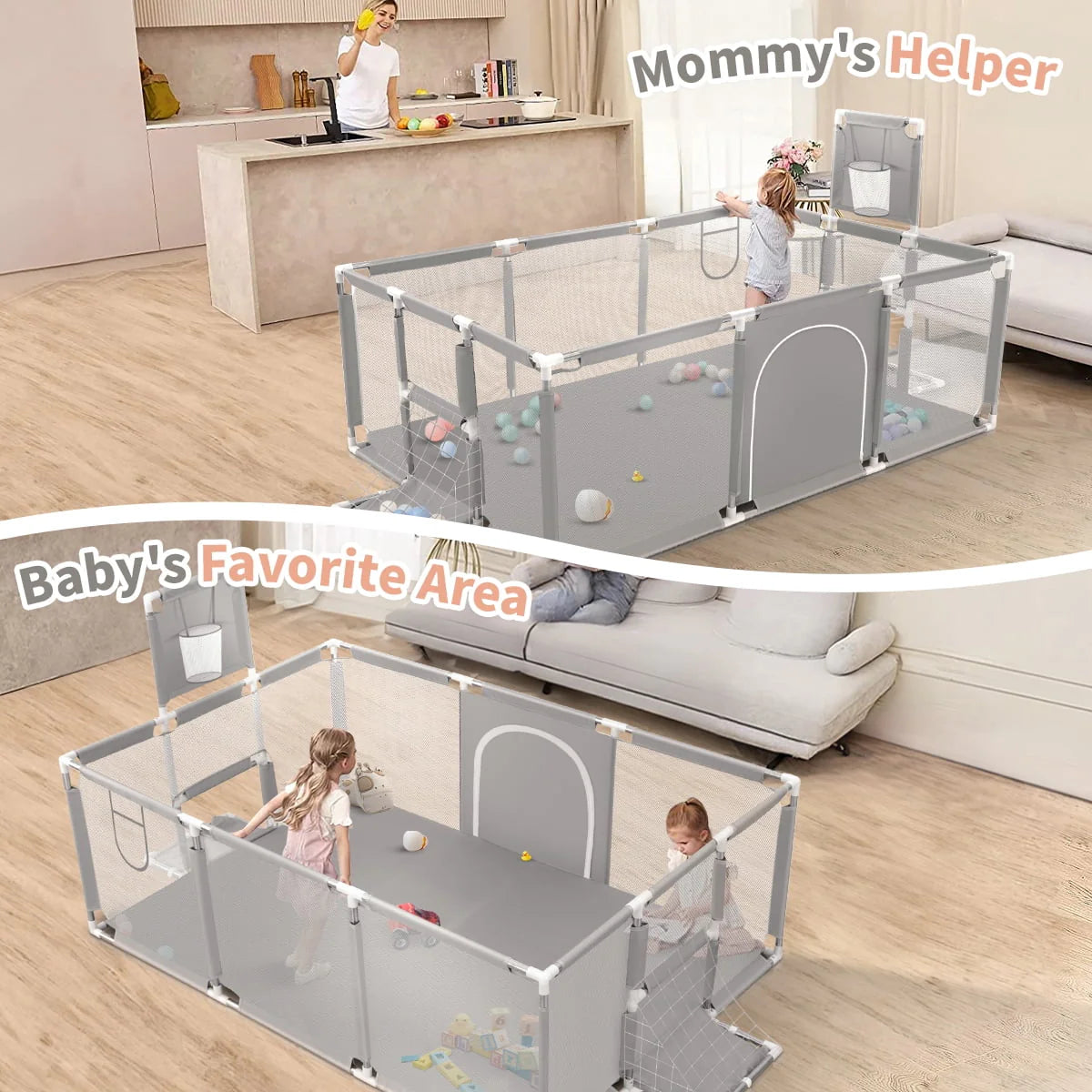 71 Inch Blue Baby Playpen with Basketball Hoop and Mesh R126