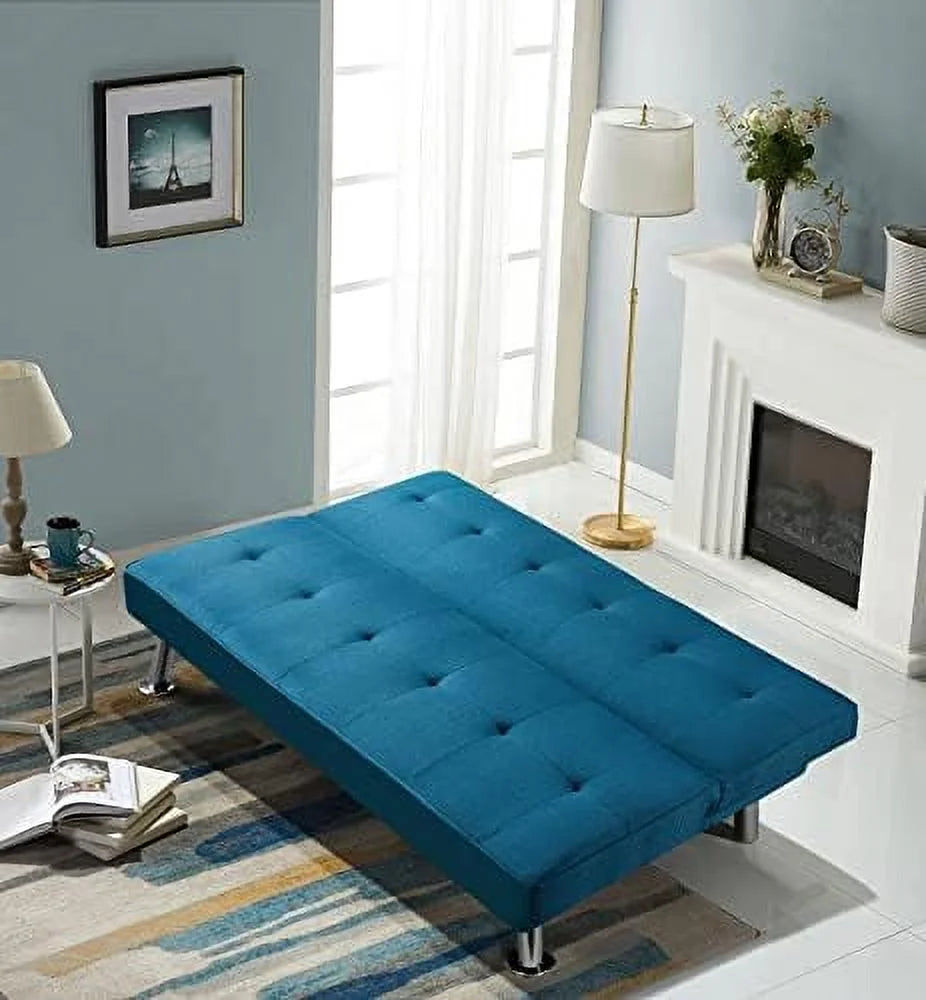 Convertible Futon Sofa Bed with 2 USB Charging Ports Fabric Loveseat Couch Metal Legs Z259