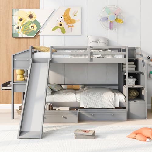 White Twin Over Full Solid Wood Bunk Bed with Stairs and Slide K84352
