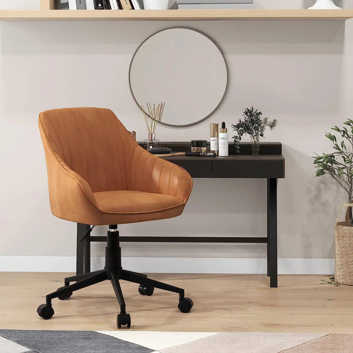 Brown Leather Office Chair with Wheels and Armrests T605