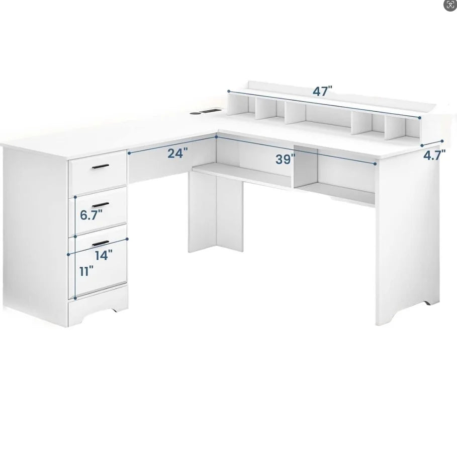 White L-Shaped Desk with File Cabinet G77419