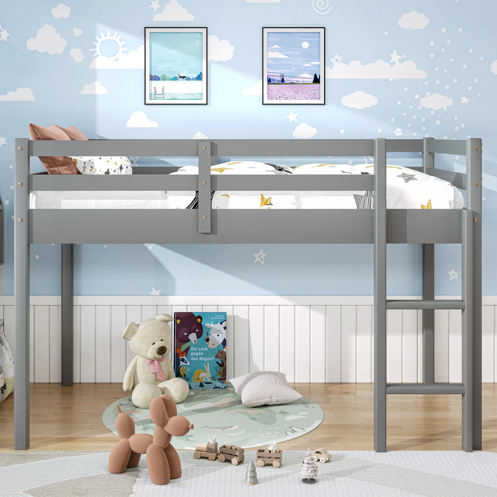 White Twin Size Solid Wood Loft Bed with 14 Wooden Slats S9433