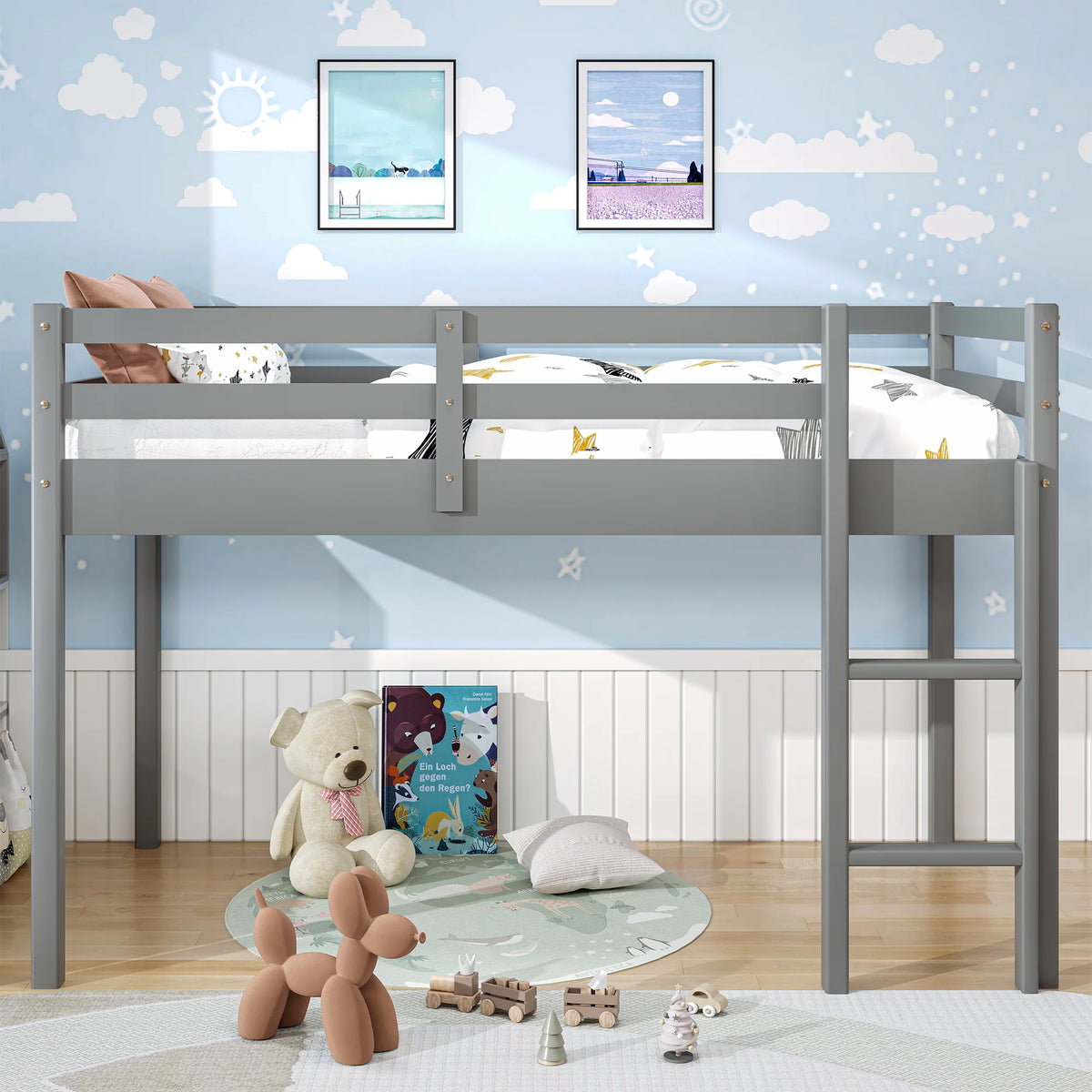 White Twin Size Solid Wood Loft Bed with 14 Wooden Slats S9433