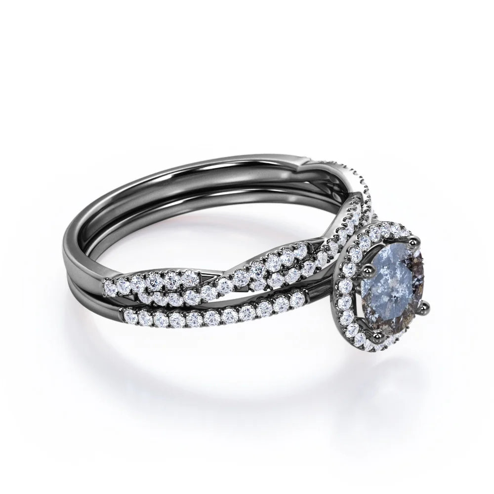 Four-Prong Halo Setting 1.5 Carat Round Brilliant Cut Gray Salt and Pepper Diamond Bridal Ring Set in 18K Black Gold Plating over Silver A417880